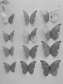 12pcs/set Paper Butterfly Sticker, Cute Hollow Out Self Adhesive 3D Butterfly Wall Decor For Home - Silver - View 4
