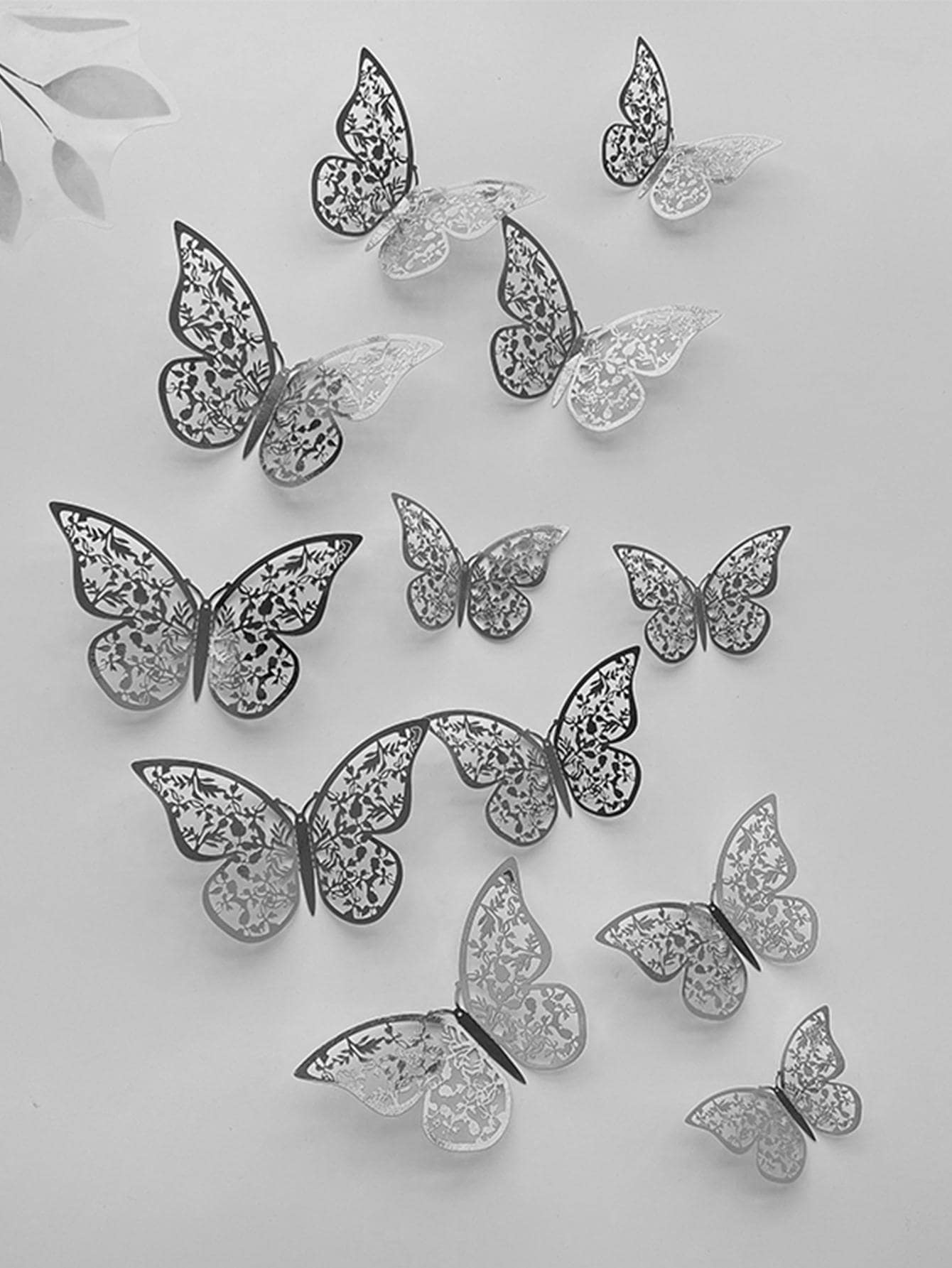 12pcs/set Paper Butterfly Sticker, Cute Hollow Out Self Adhesive 3D Butterfly Wall Decor For Home - Silver - View 1
