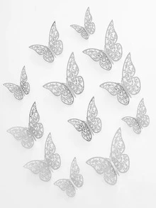 12pcs/set Paper Butterfly Sticker, Cute Hollow Out Self Adhesive 3D Butterfly Wall Decor For Home - Silver - View 3