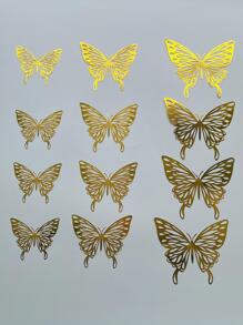 12pcs/set Paper Butterfly Sticker, Cute Hollow Out Self Adhesive 3D Butterfly Wall Decor For Home - Gold - View 2