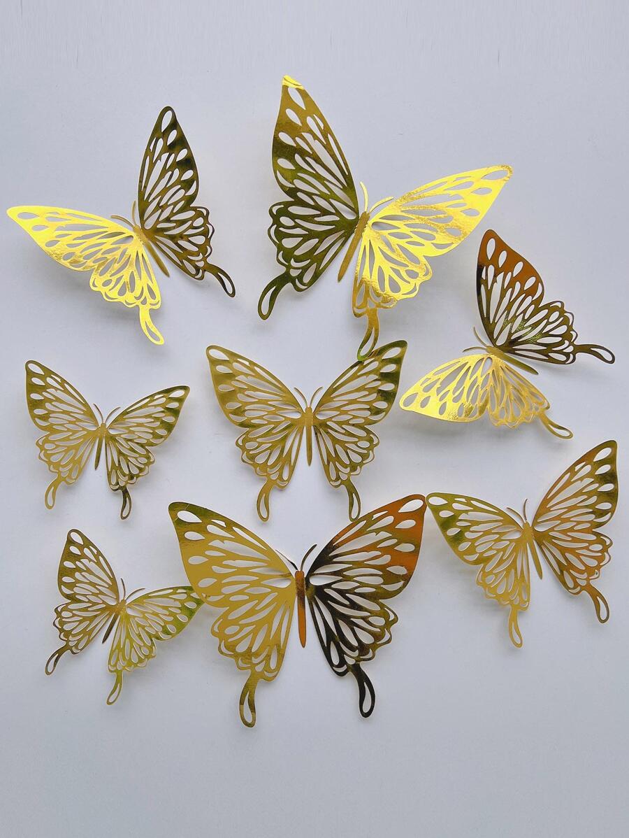 12pcs/set Paper Butterfly Sticker, Cute Hollow Out Self Adhesive 3D Butterfly Wall Decor For Home - Gold - View 1