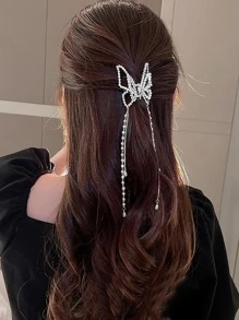 1 件女士仿珍珠和水钻装饰精致发夹，可作为礼物，优雅蝴蝶爪夹发夹发夹发夹发夹发夹，学校用品，学院，珍珠发饰秋冬度假装女士 - 銀色 - 查看 2