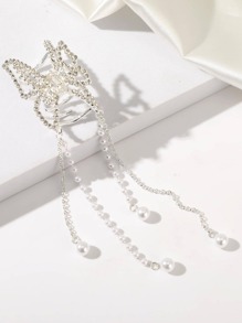 1 件女士仿珍珠和水钻装饰精致发夹，可作为礼物，优雅蝴蝶爪夹发夹发夹发夹发夹发夹，学校用品，学院，珍珠发饰秋冬度假装女士 - 銀色 - 查看 4