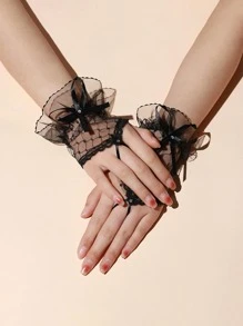 女士水钻蝴蝶结装饰时尚露指手套，适合派对、万圣节、情人节等夏季穿着 - 黑色 - 查看 1