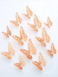 12pcs/set Paper Butterfly Sticker, Cute Hollow Out Self Adhesive 3D Butterfly Wall Decor For Home - Rose Gold - View 3