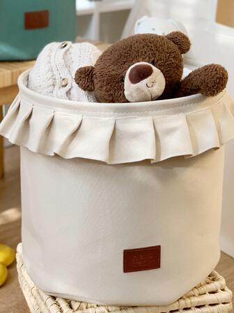 1個可摺疊布質洗衣籃玩具收納箱,帶有花邊裝飾