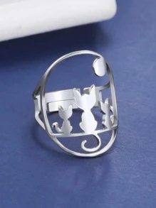 1入組時尚不銹鋼貓裝飾鏤空戒指適合女士男士日常裝飾 - 銀色 - 查看 1