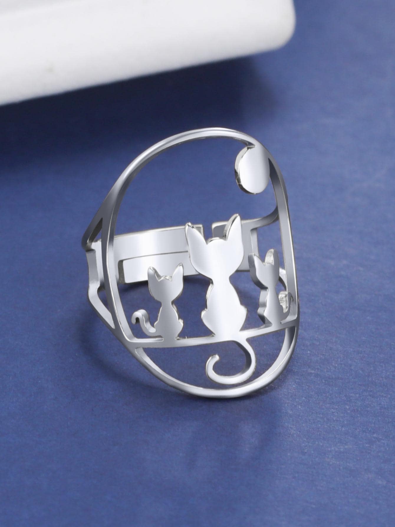 1入組時尚不銹鋼貓裝飾鏤空戒指適合女士男士日常裝飾 - 銀色 - 查看 1