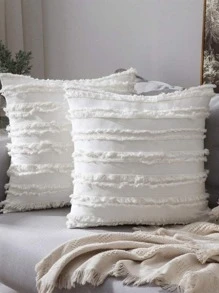 1pc Striped Floral Decorative Pillowcase - White - View 3