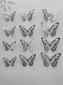 12pcs Paper Butterfly Sticker, Modern 3D Hollow Butterfly Sticker For Home - Silver - View 4