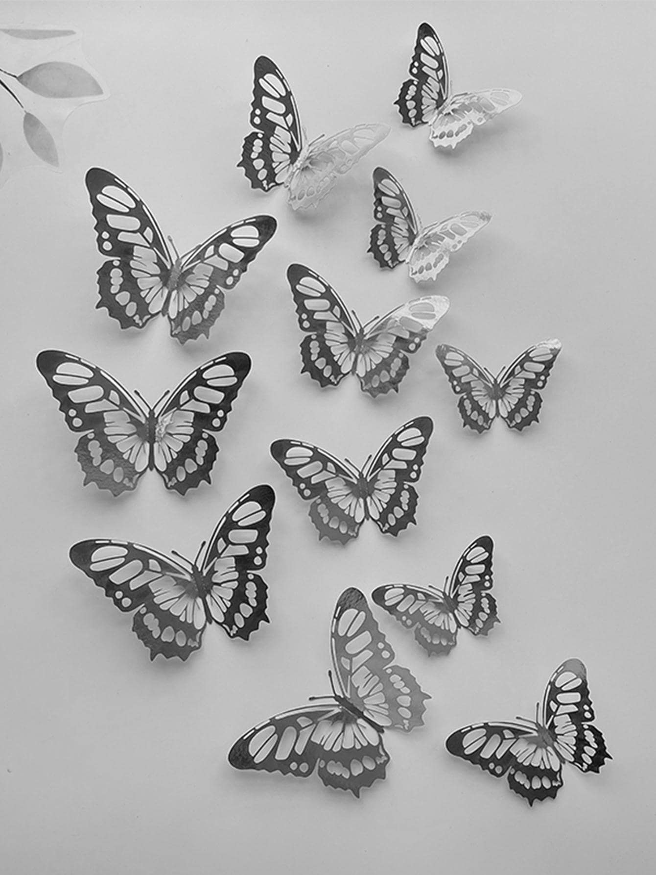 12pcs Paper Butterfly Sticker, Modern 3D Hollow Butterfly Sticker For Home - Silver - View 1