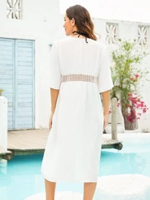 1 件镂空系带可穿戴沙滩巾，白色防晒时尚遮盖物，适合夏季度假旅行必备品，旅行配件，海滩必备品 - 白色 - 查看 5