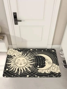1pc Sun & Moon Print Door Mat, Polyester Indoor Outdoor Rug For Home - Multicolor - View 1