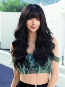 7JHH WIGS Long Dark Brown Wig For Women Loose Wavy Wig With Bangs Fluffy Natural Looking Synthetic Routine Wigs For Girls Daily Party Four Seasons Use 24 Inch - 黑色 - 查看 1