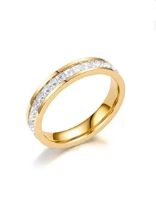 1 件奢华水钻镶嵌不锈钢戒指，方晶锆石星空时尚情侣戒指，简约欧美风格中性婚礼订婚戒指 - 金色 - 查看 2