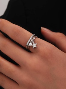 1pc Korean Fashion Cute Wind Sweet Stars Pearl Pendant Ring Girl Elegant Party Jewelry Gift - Silver - View 3