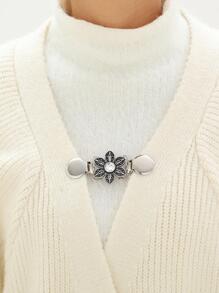 1入組鋅合金開衫夾，復古花朵裝飾襯衫扣，用於服裝裝飾 - 銀色 - 查看 2