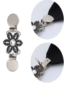 1入組鋅合金開衫夾，復古花朵裝飾襯衫扣，用於服裝裝飾 - 銀色 - 查看 4