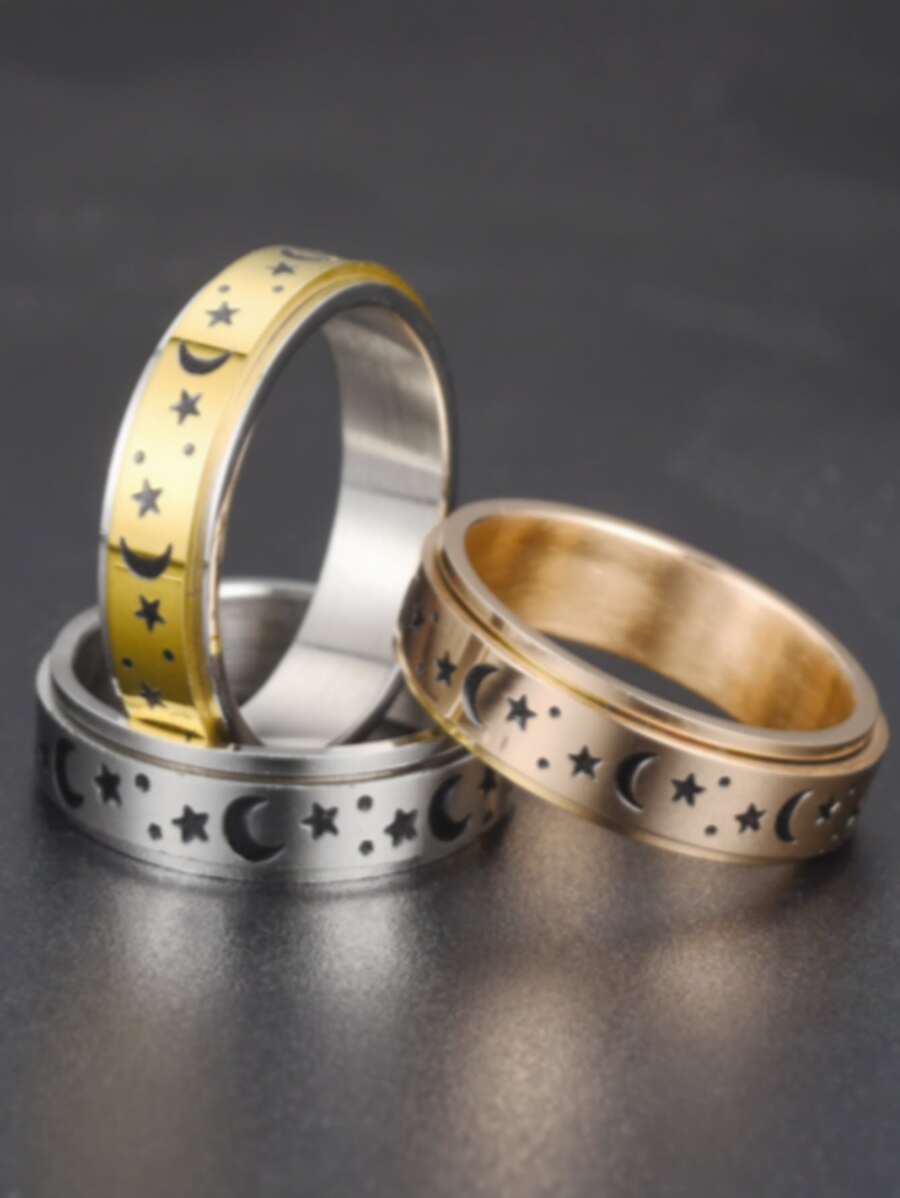 4入組套多色鈦鋼情侶戒指，旋轉星月設計，緩解減壓焦慮，訂婚婚禮情人戒指，聖誕禮物 - 彩色 - 查看 1