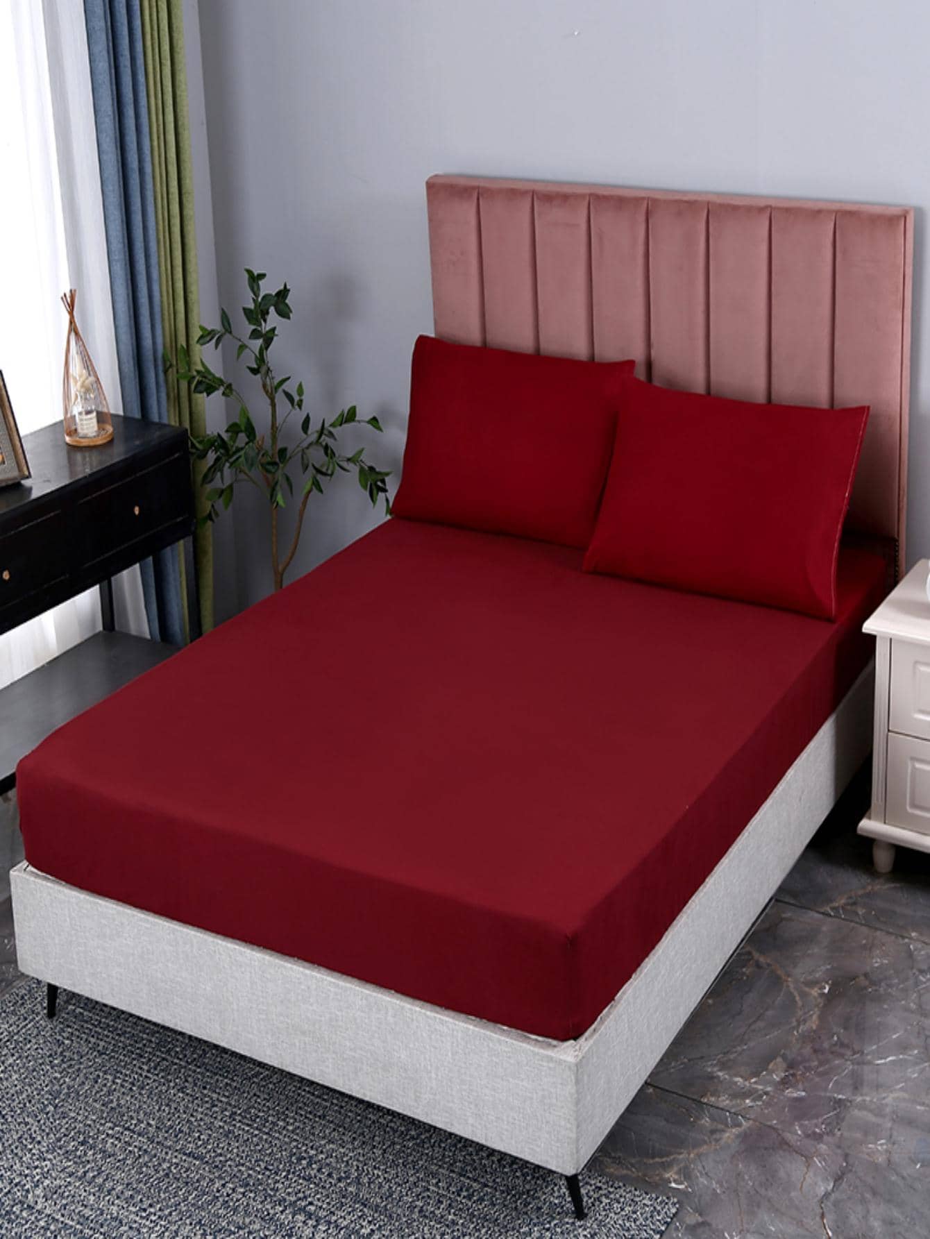 3入組/套素色床笠套裝，1入組床笠和2入組枕套，臥室現代滌綸床單套裝 - 酒紅色 - 查看 1