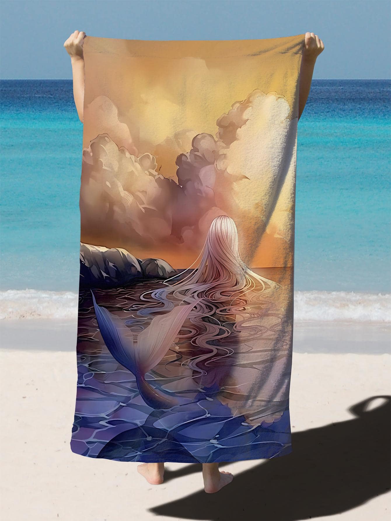 1pc Mermaid Pattern Beach Towel, Minimalist Microfiber Rectangle Travel Beach Towel For Swimming, Diving, Summer - Multicolor - View 1