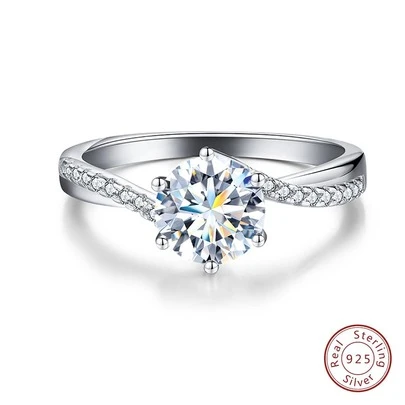 Newsoul 1枚奢华1克拉D色莫桑石钻石订婚/结婚扭纹戒指，925纯银时尚新娘首饰