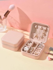 1pc Solid Color White Jewelry Box, Modern Portable PU Plain Multifunction Jewelry Storage Box For Home And Travel - Pink - View 2