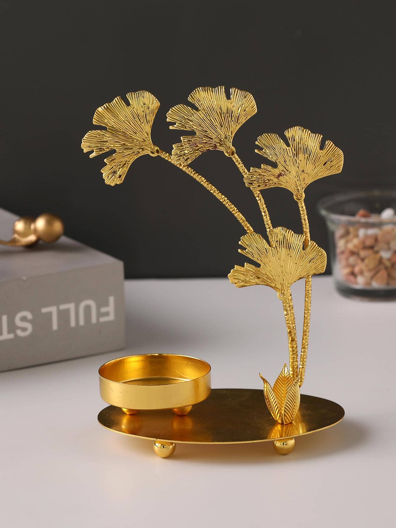 1 Chân Nến Bằng Sắt, Đế Nến Hình Ginkgo Biloba Cho Gia Đình - Vàng - Xem 1