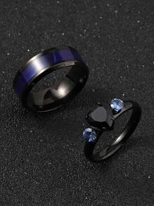 2pcs/set Fashion Stainless Steel Cubic Zirconia Decor Ring For Men For Daily Decoration Goth Punk Jewelry - Black - View 1