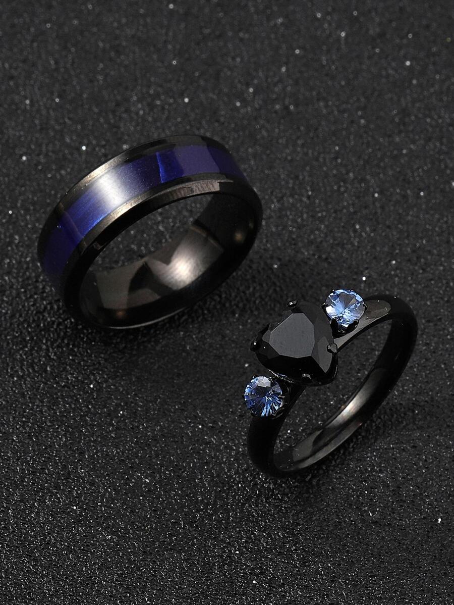2pcs/set Fashion Stainless Steel Cubic Zirconia Decor Ring For Men For Daily Decoration Goth Punk Jewelry - Black - View 1
