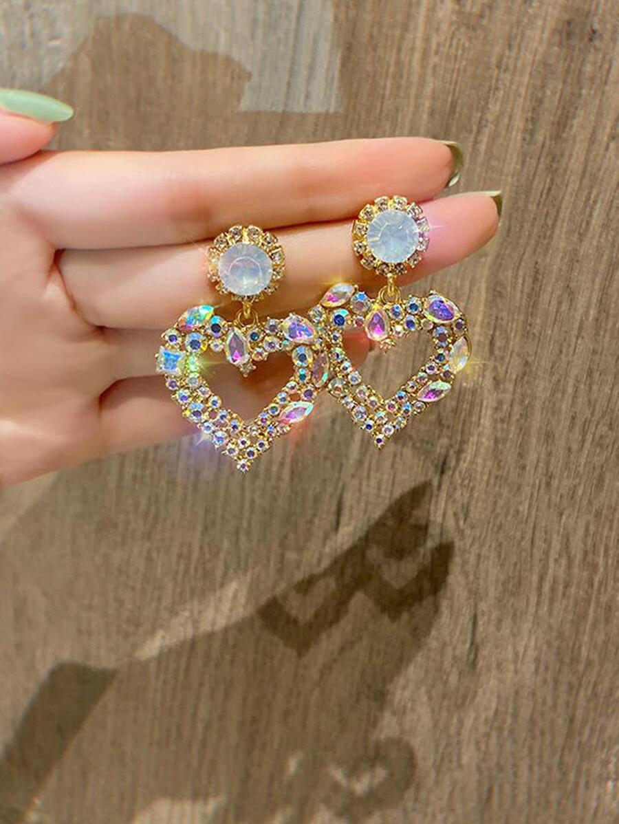 2 piezas Pendientes con gota de corazón de strass para San Valentín - Multicolor - Ver 1