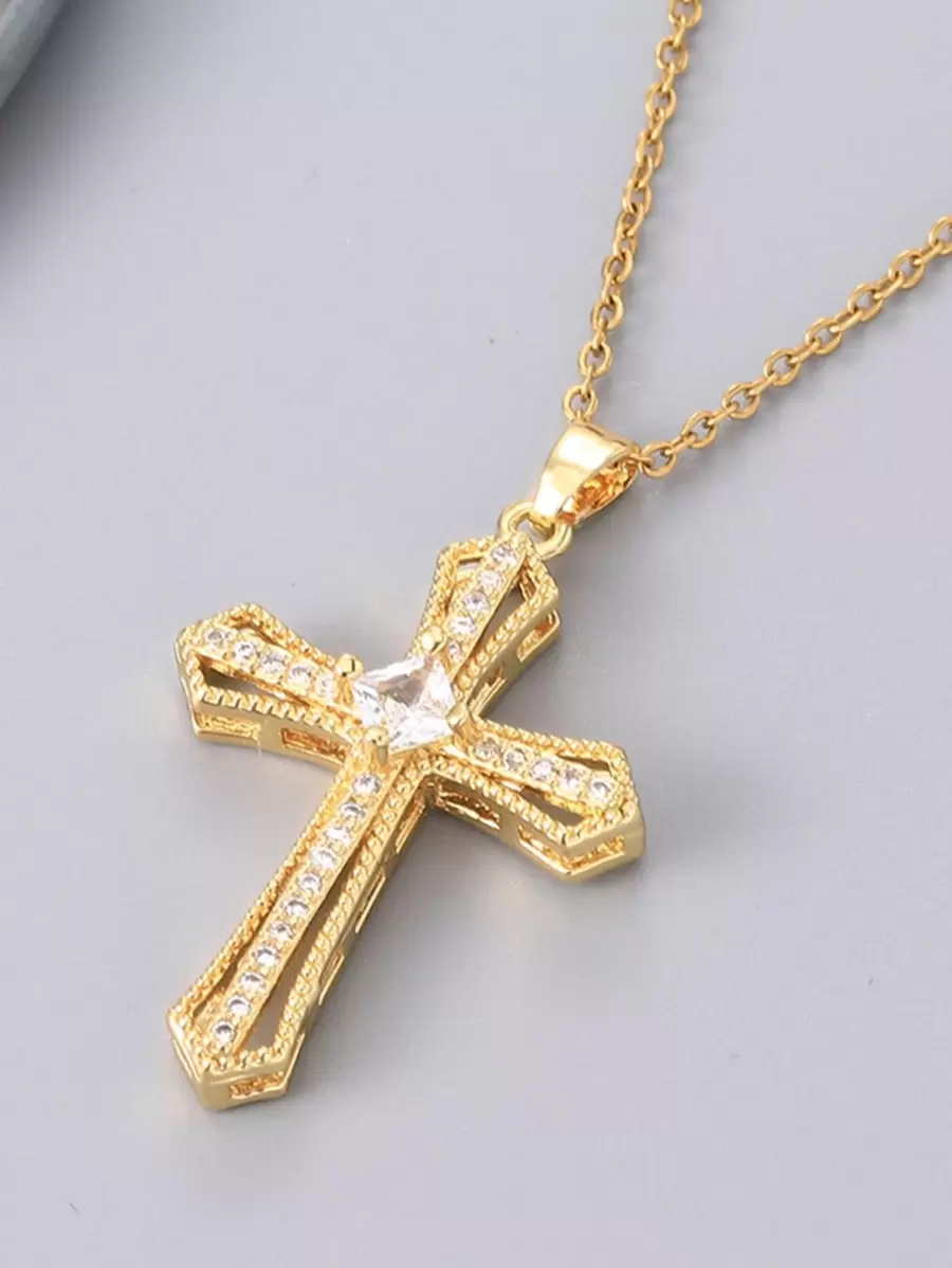 1pc Exquisite Cubic Zirconia Cross Charm Necklace For Men For Daily Decoration, For Jewelry Gift And Party - Yellow Gold - View 1