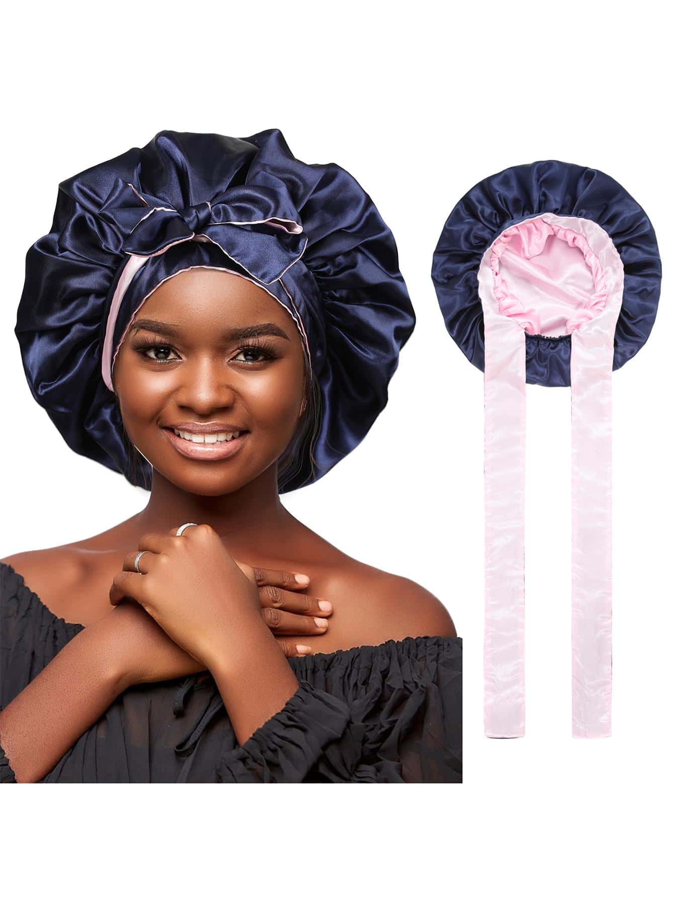 Bow Decor Two Tone Hair Bonnet - Navy Blue - View 1