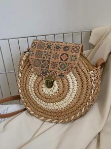 Medium Straw Bag Colourblock Geometric Pattern - Multicolor - View 8