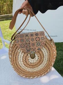 Medium Straw Bag Colourblock Geometric Pattern - Multicolor - View 3