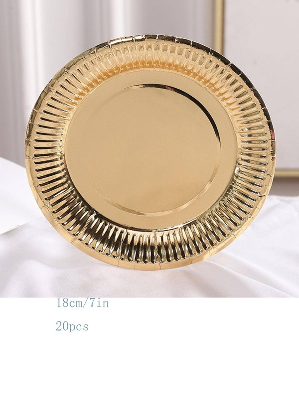 20pcs Metallic Round Disposable Plate, Modern Golden Disposable Paper