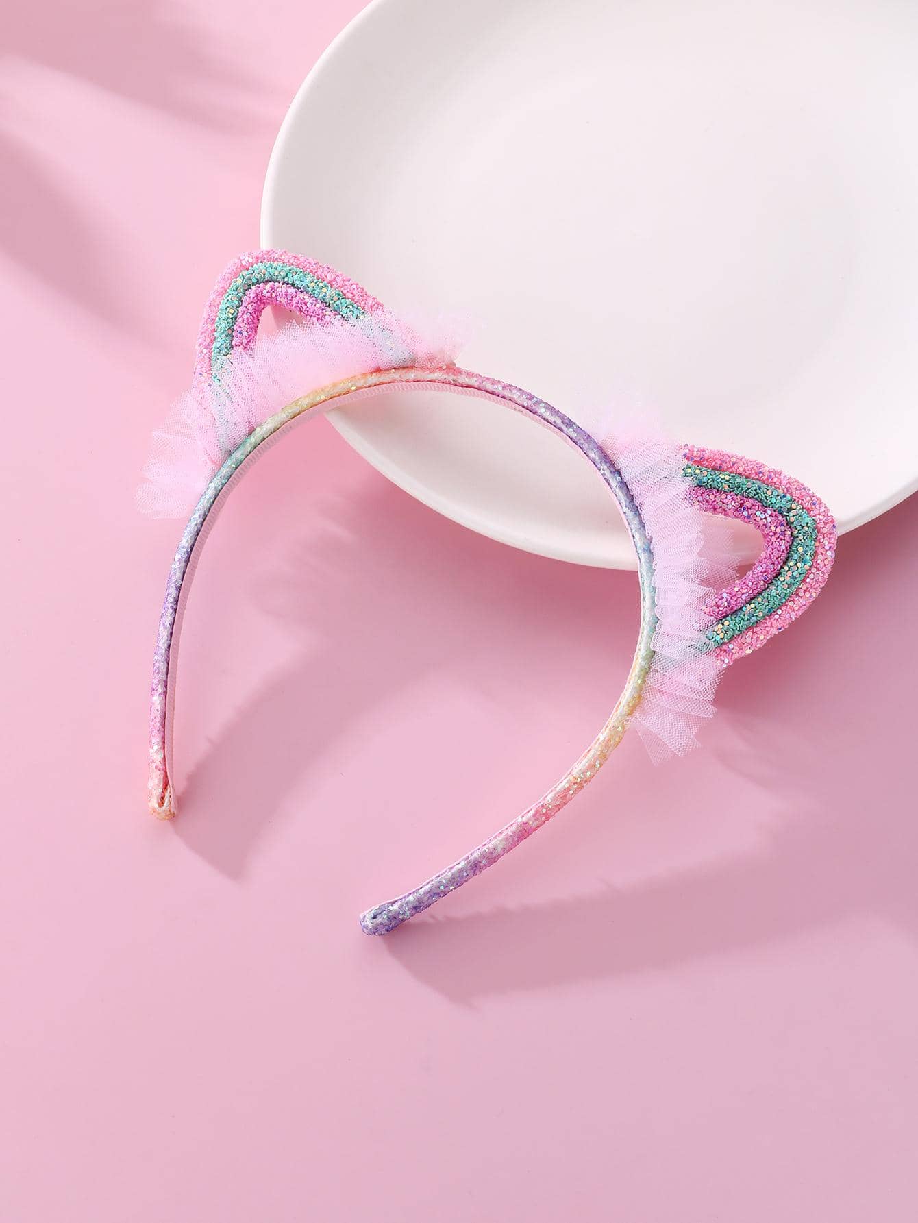 1pc Cute Sparkly Cat Ear Mesh Plastic Hair Hoop For Girls, Daily Hair Accessory Gift - Multicolor - View 1