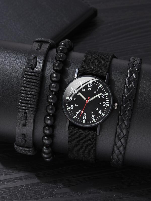 قطعة واحدة للرجال ساعة كوارتز بقرص مؤشر دائري و 3 قطع سوار