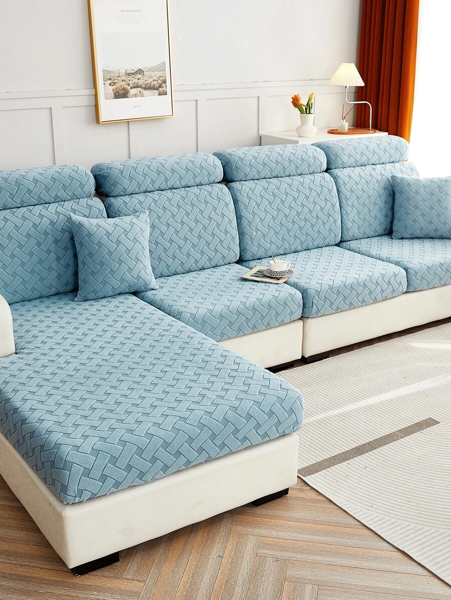 1pc Geometric Jacquard Stretchy Sofa Seat Dust Cover, Dusty Blue Polyester Sofa Seat Dust Cover For Living Room - Dusty Blue - View 1