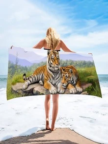1pc Tiger Pattern Beach Towel, Large Microfiber Bath Towel For Vacation, Swimming, Bath - Multicolor - View 1