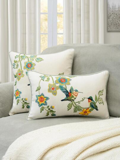 Bird & Floral Embroidered Cushion Cover Without Filler, Modern Throw Pillow Cover, Pillow Insert Not Include, For Sofa, Living Room, Spring