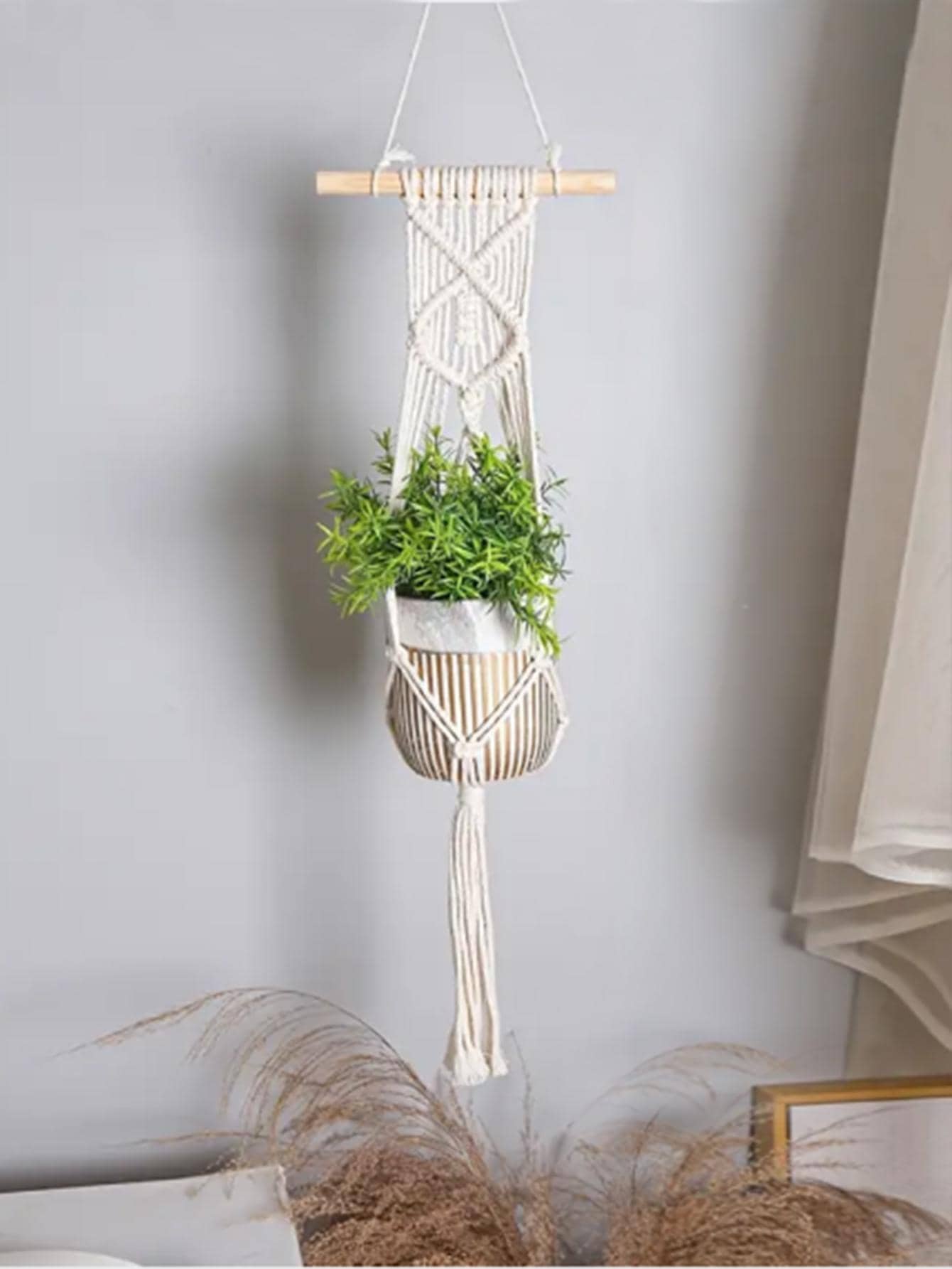 1pc Plain Color Woven Plant Hanger - Beige - View 1