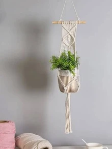 1pc Plain Color Woven Plant Hanger - Beige - View 6