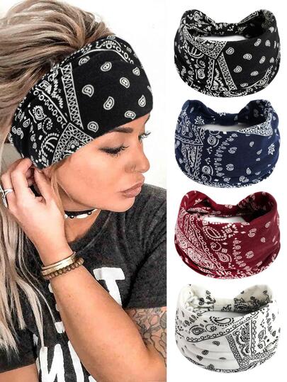 4件套女士佩斯利花纹时尚发带，日常波西米亚风头带/头巾/吸汗带，适合上学、大学等场合，秋冬季女士发饰，度假装扮，优雅围巾/头巾/柔软头巾
