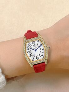 Duolz 1入組女士紅色鱷魚紋壓花PU聚氨酯錶帶時尚水鑽裝飾防水幾何錶盤石英手錶，適合日常生活 - 紅色 - 查看 2