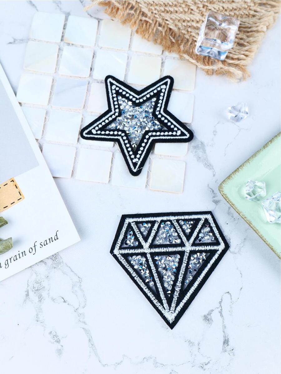 2pcs Star & Diamond Shaped Glitter Patch, Colorful Polyester Iron On Patch For Sewing - Multicolor - View 1