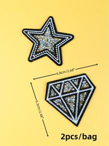 2pcs Star & Diamond Shaped Glitter Patch, Colorful Polyester Iron On Patch For Sewing - Multicolor - View 3