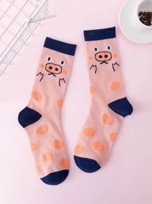 1雙女性豬和波點圖案可愛中筒襪適用於日常 - 彩色 - 查看 2