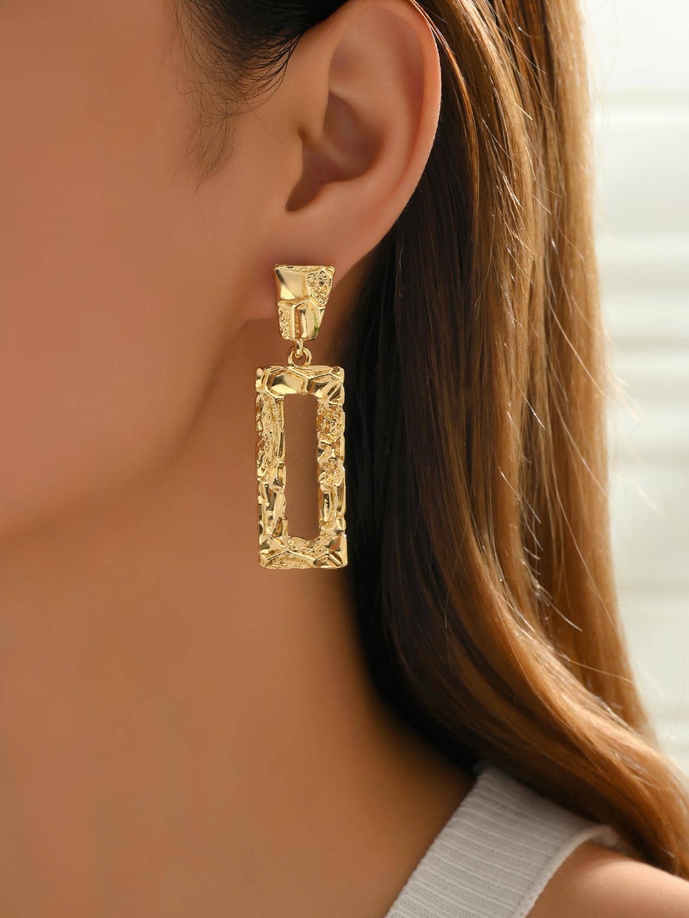 Textured Rectangle Drop Earrings - Gold - View 1