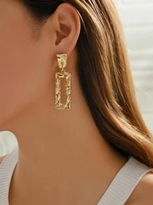 Textured Rectangle Drop Earrings - Gold - View 3